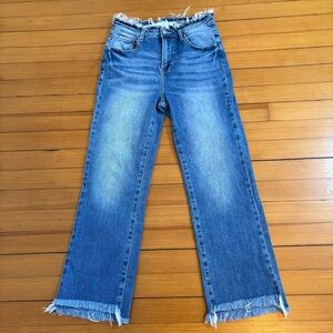 Risen Los Angeles Women’s High Rise Flare Crop Frayed Denim Jeans Med Wash 7/28W